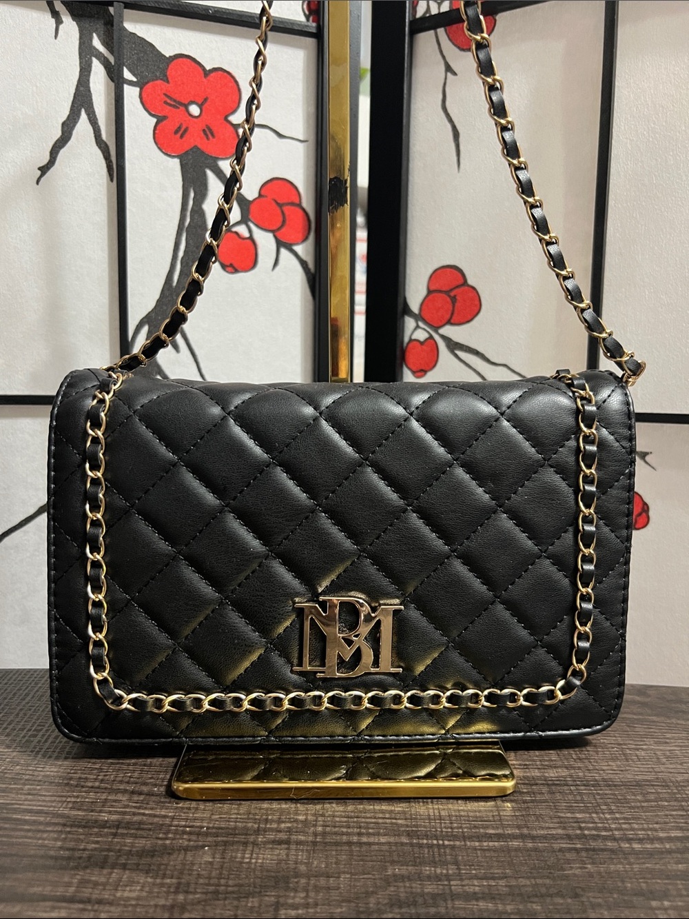 Black Quilted Chain Crossbody Bag with Gold Hardware